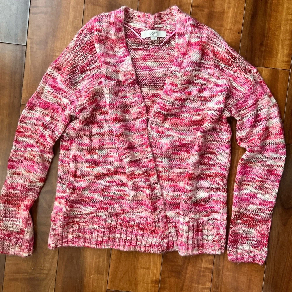 LOFT Multicolor Knit Cardigan Pink Red Valentine Open Front Boho Cabin Layering